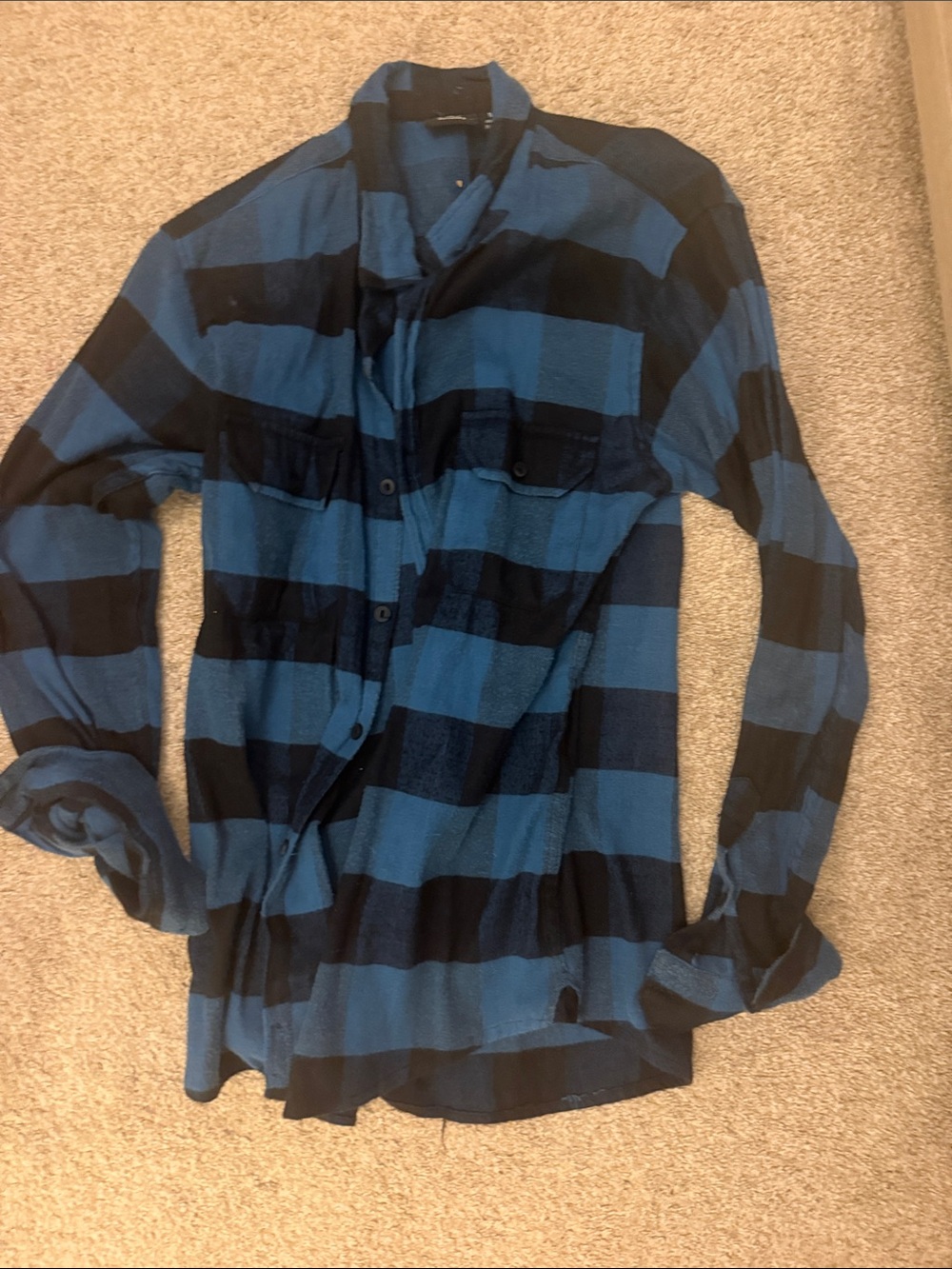 burnside Blue and Black Striped Plaid Button-Down Shirt
